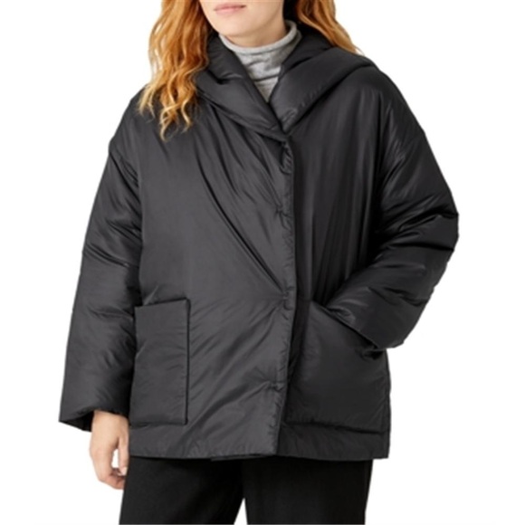 Eileen Fisher Ivy Hooded Coat Jacket Womens Petite Large Black Puffer Boxy Snap - Picture 1 of 10